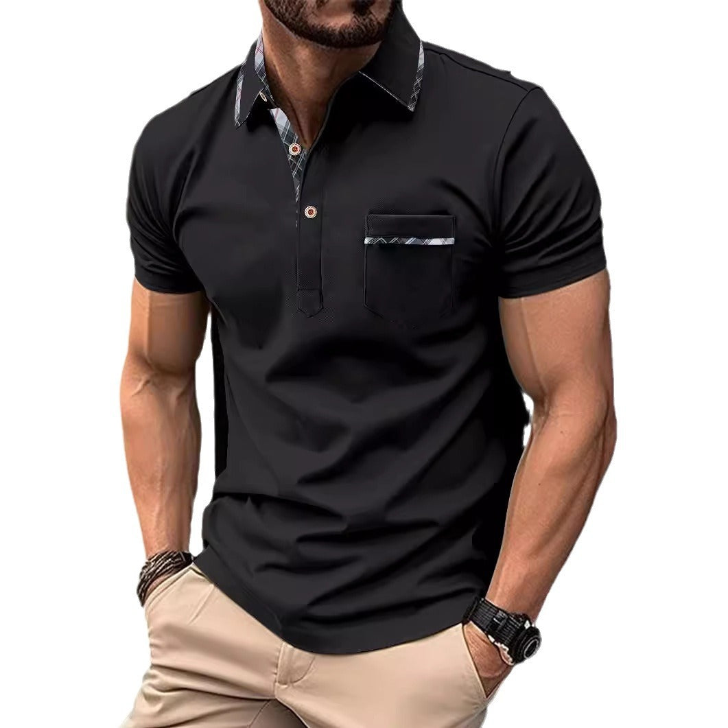 Man wearing a black polo shirt with a pocket on a white background