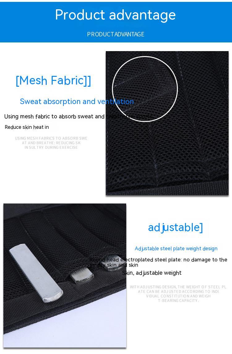 Product advantage description with mesh fabric and adjustable design features on a blue and white background.