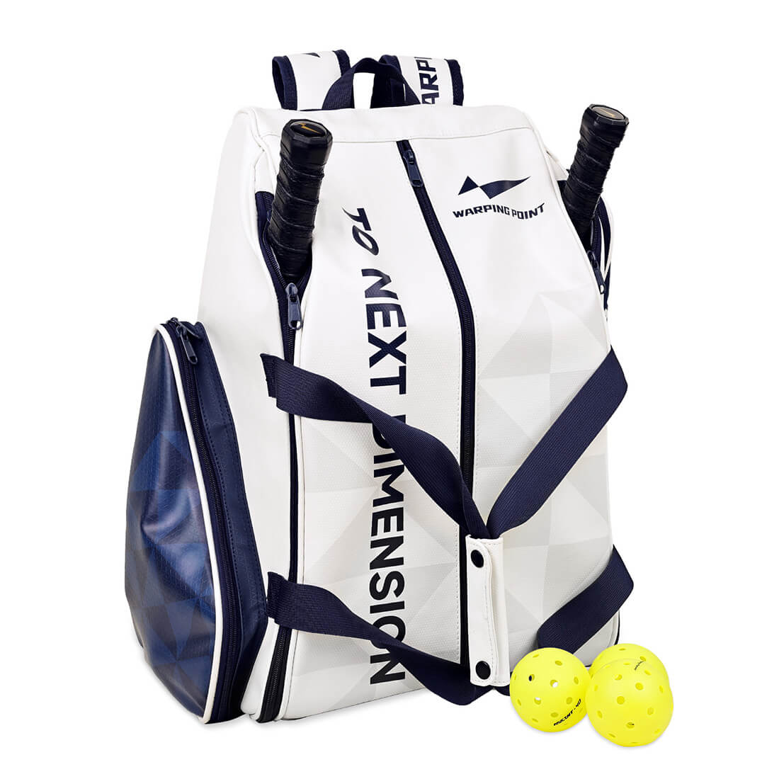 White sports bag with navy accents, squash rackets, and balls on a white background