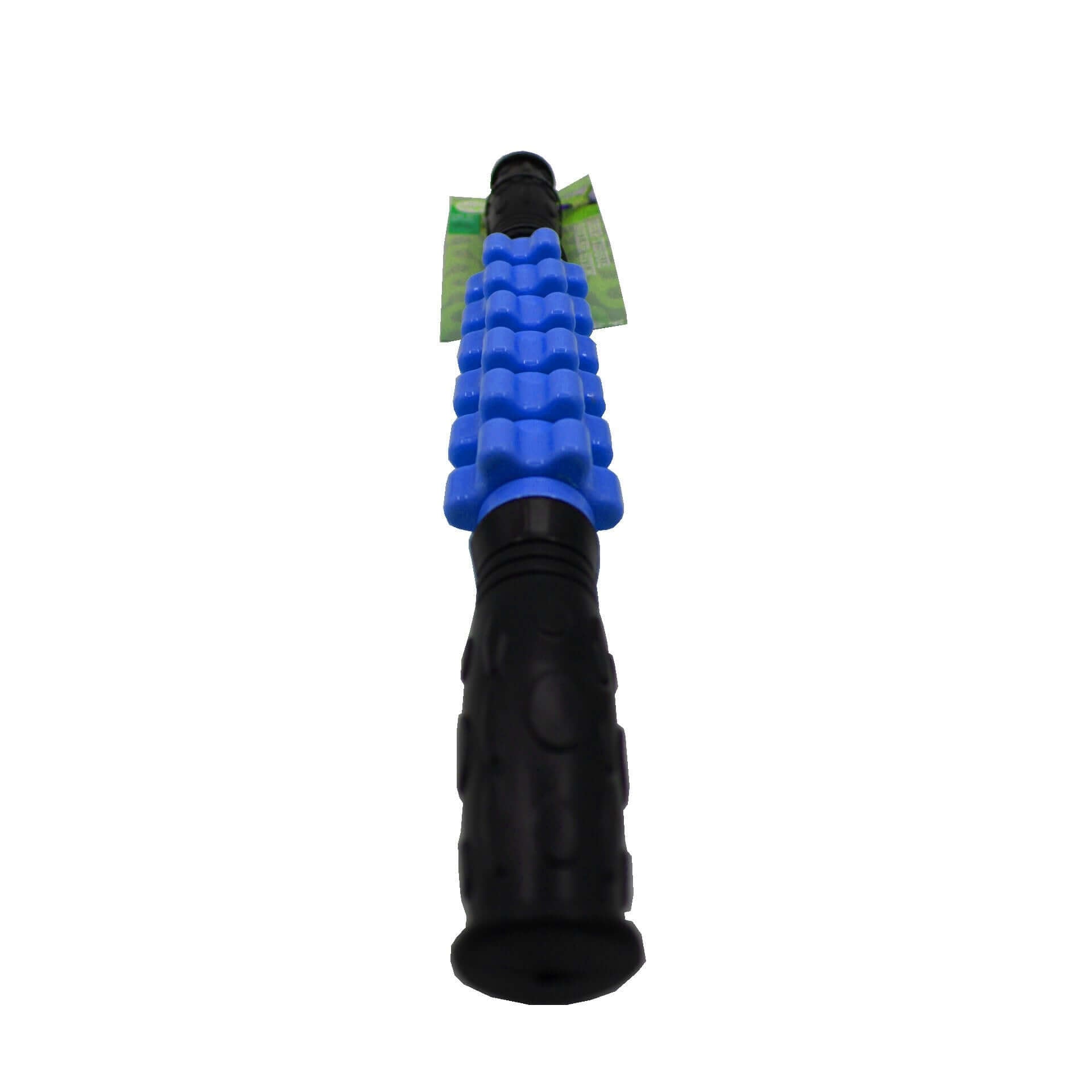 Black and blue massage roller on a white background