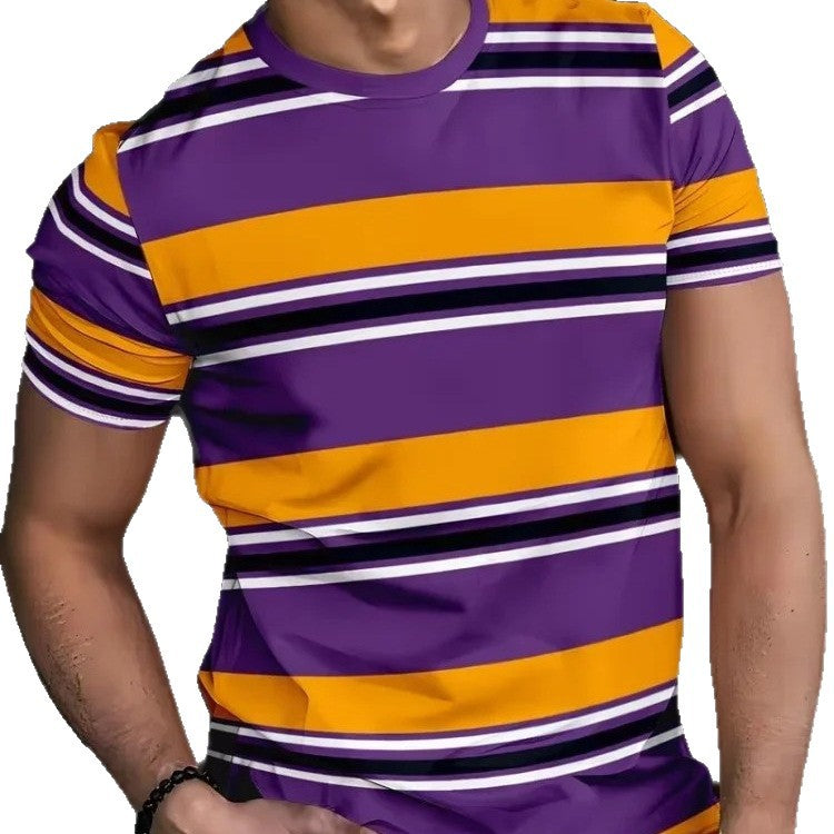 Classic Plaid & Stripe Printed Casual T-Shirt – Slim Fit Sports Tee