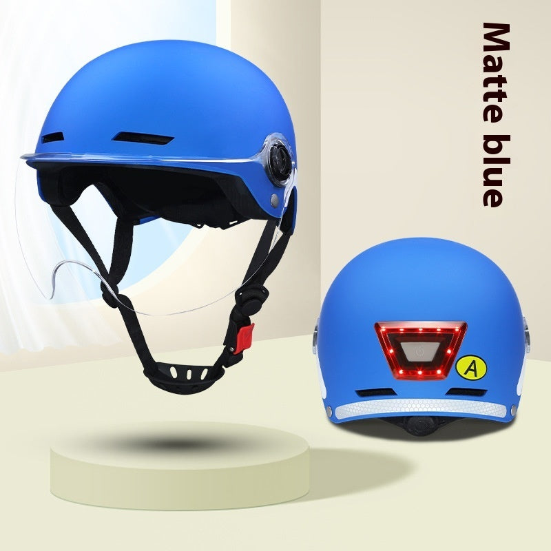 Blue helmet with LED lights on a beige background