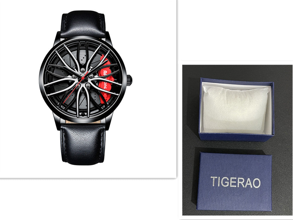 Black wristwatch with red accents and its packaging on a white background