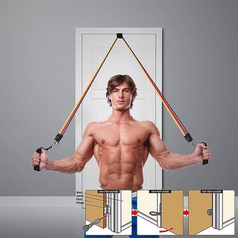 Man using a door resistance trainer with a gray background