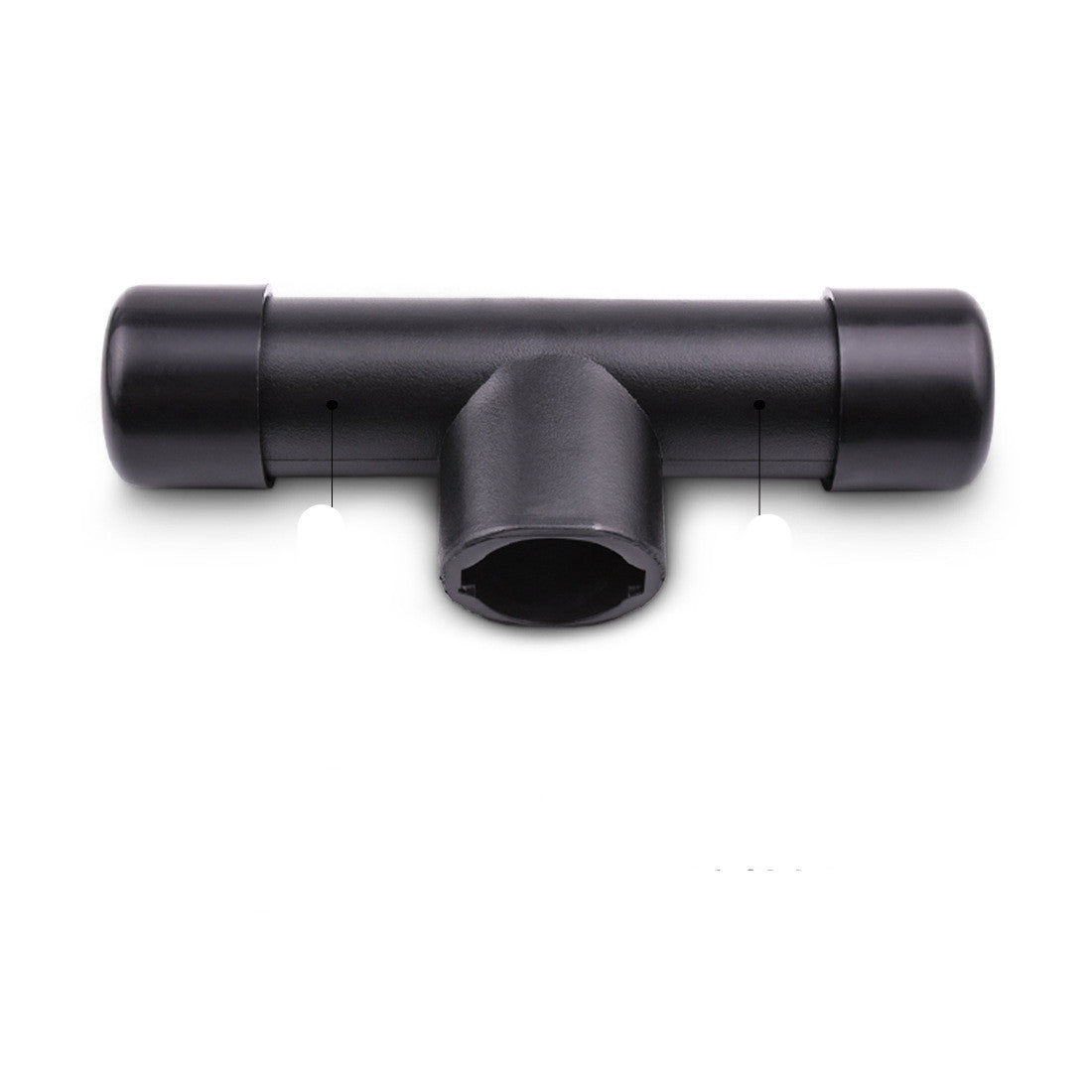 Black plastic T-shaped connector on a white background