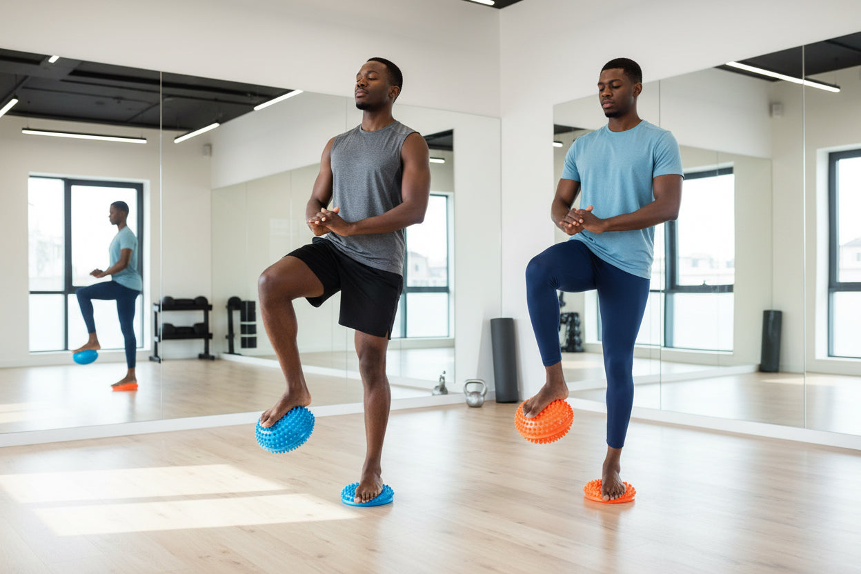Two men in a fitness boutique standing on spikes semi-circle massage balls.