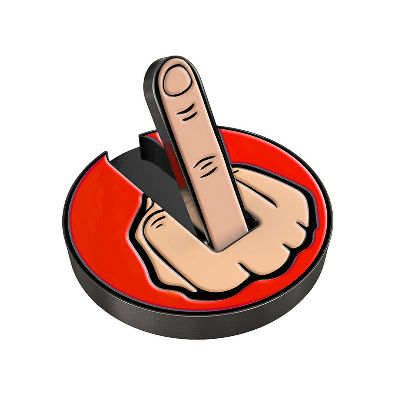 Illustration of a hand pressing a red button with a middle finger raised on a white background