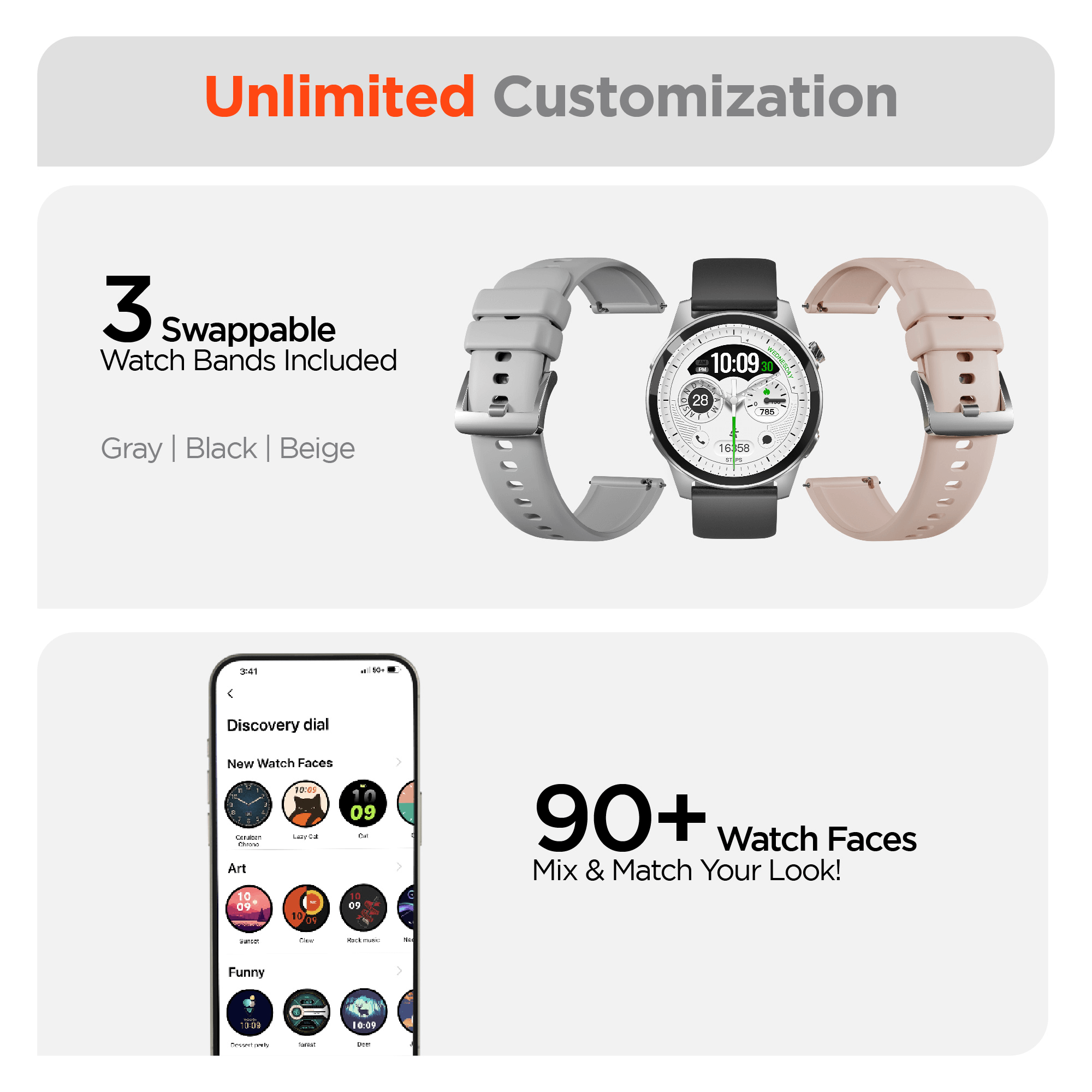 Smartwatch with interchangeable bands and smartphone app interface on a white background