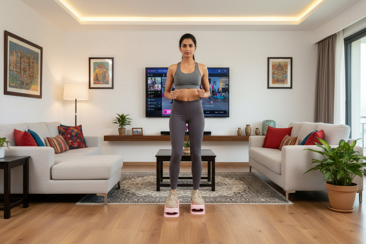Person using pink step platforms with beige sneakers in front of flat screen tv
