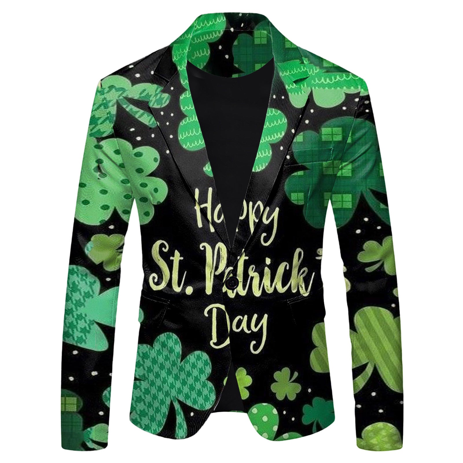 Green and black blazer with shamrock pattern and 'Happy St. Patrick's Day' text.