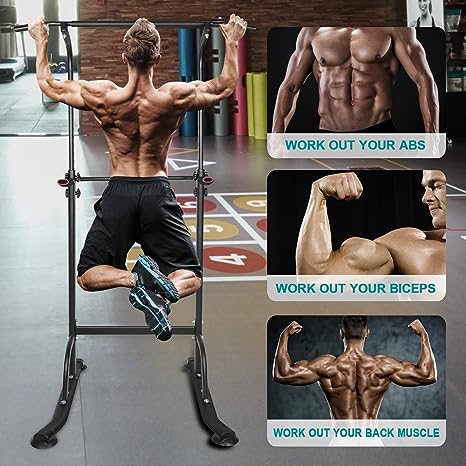 Person using a pull-up bar with images of muscle groups and workout text on a gray floor.