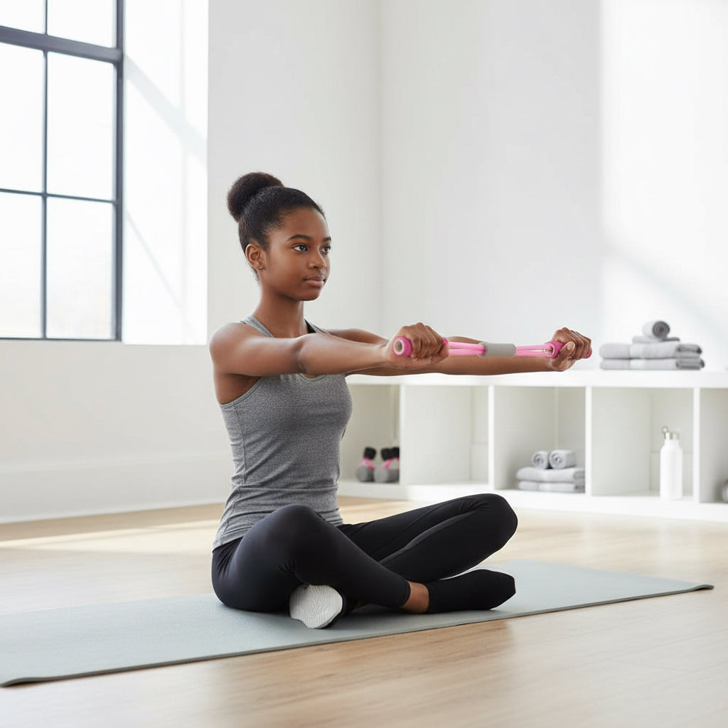 A person using a Pink resistance band with pink handles stretching during home workout