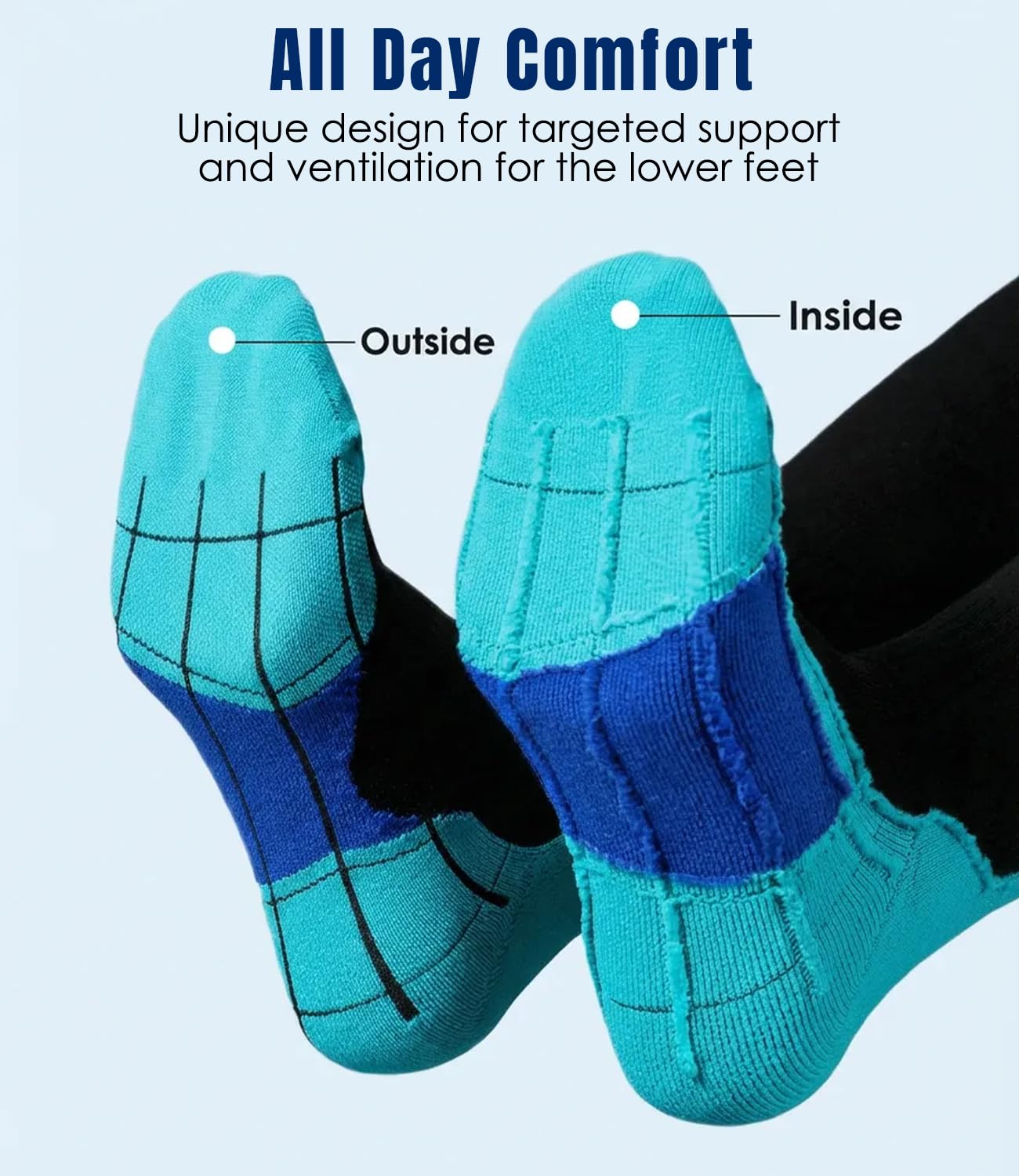 A pair of low-cut socks shown on feet against a light blue background, with text reading 'All Day Comfort' and labels pointing to the outside and inside of the sock.