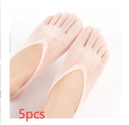 Five pairs of beige socks with a visible brand logo on a white background