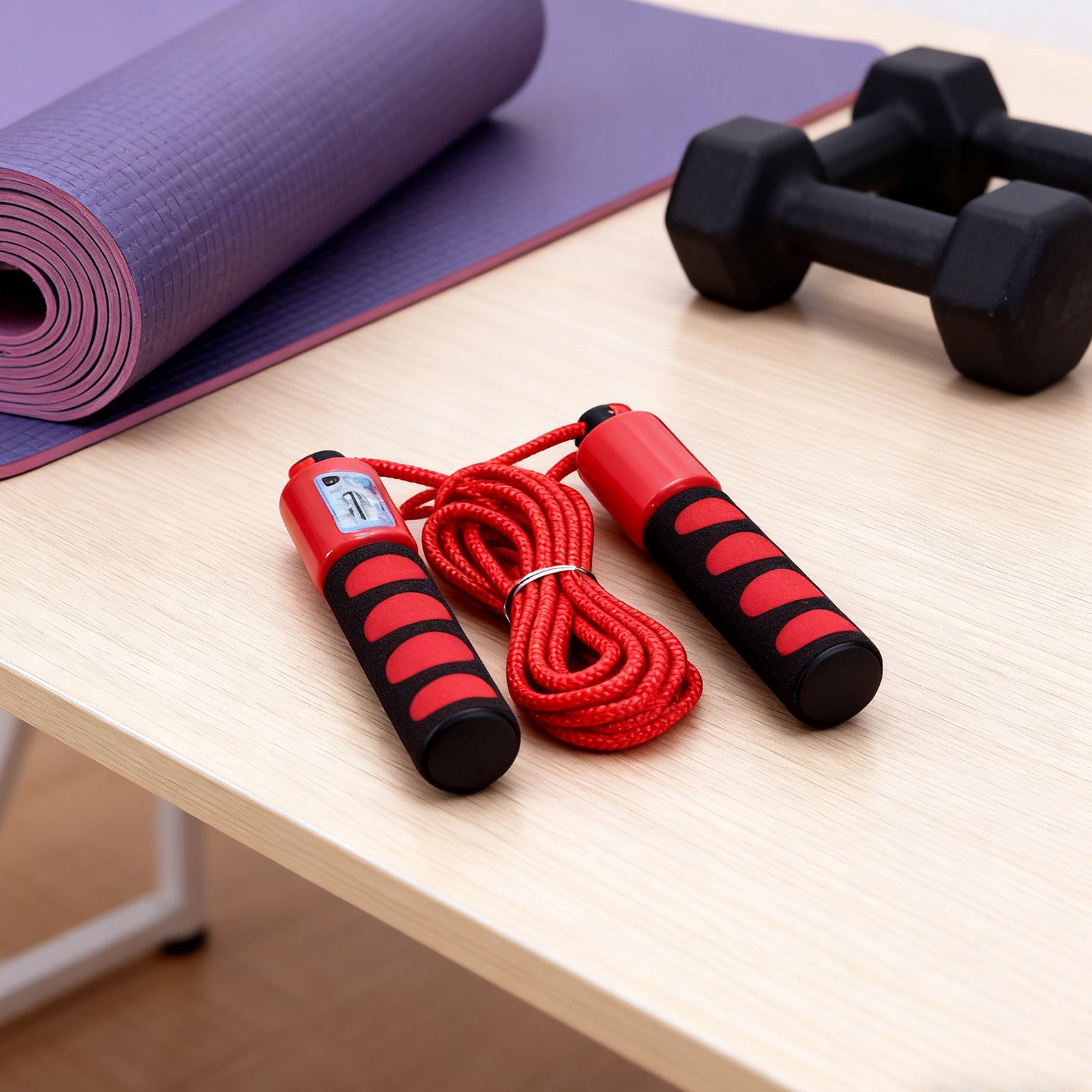 Red and black jump rope on a wooden surface with a purple mat and black dumbbells in the background.