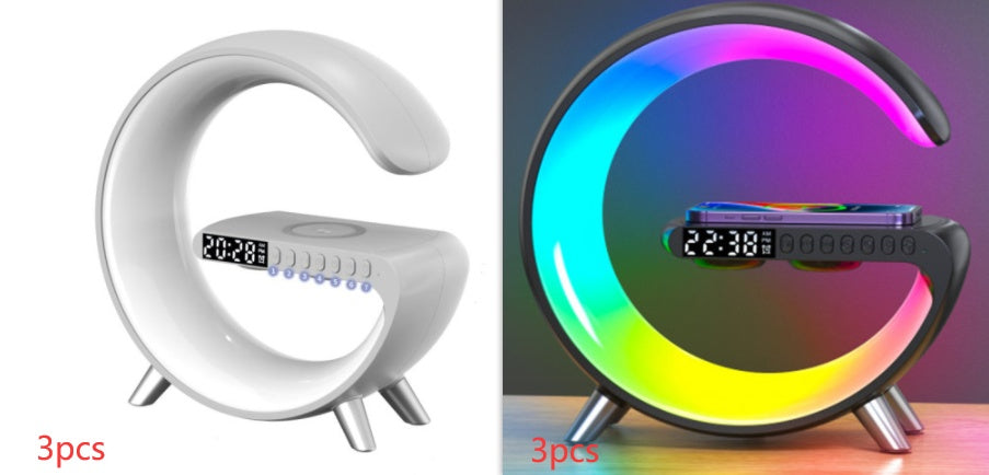 White crescent moon-shaped alarm clock with digital display on a white background, and a colorful version with RGB lighting on a gradient background.
