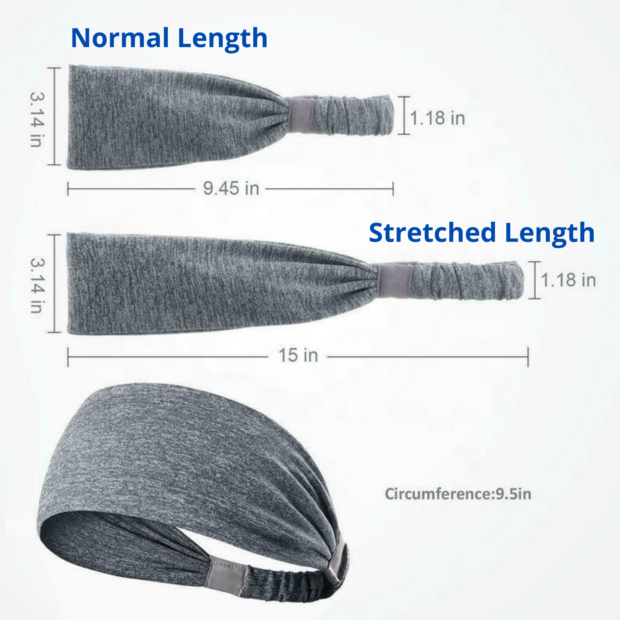 Measurement chart showing a gray headband's normal and stretched lengths on a white background.