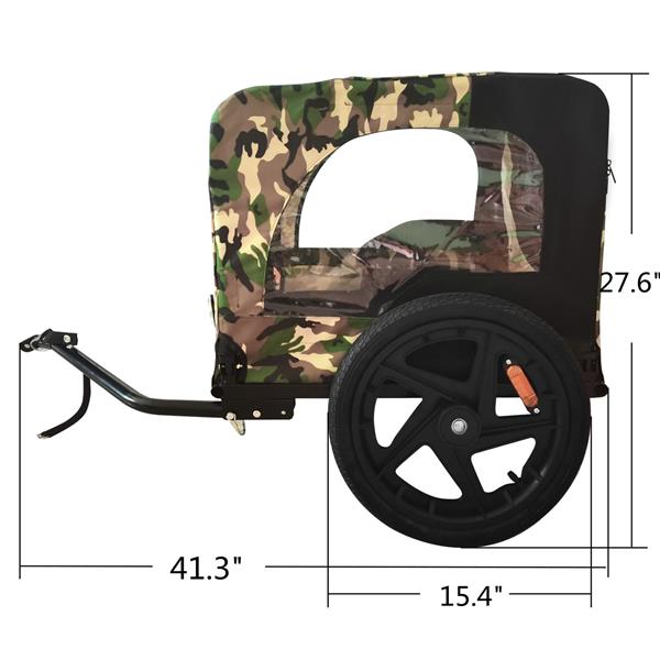Camouflage-patterned dog stroller with dimensions labeled on a white background
