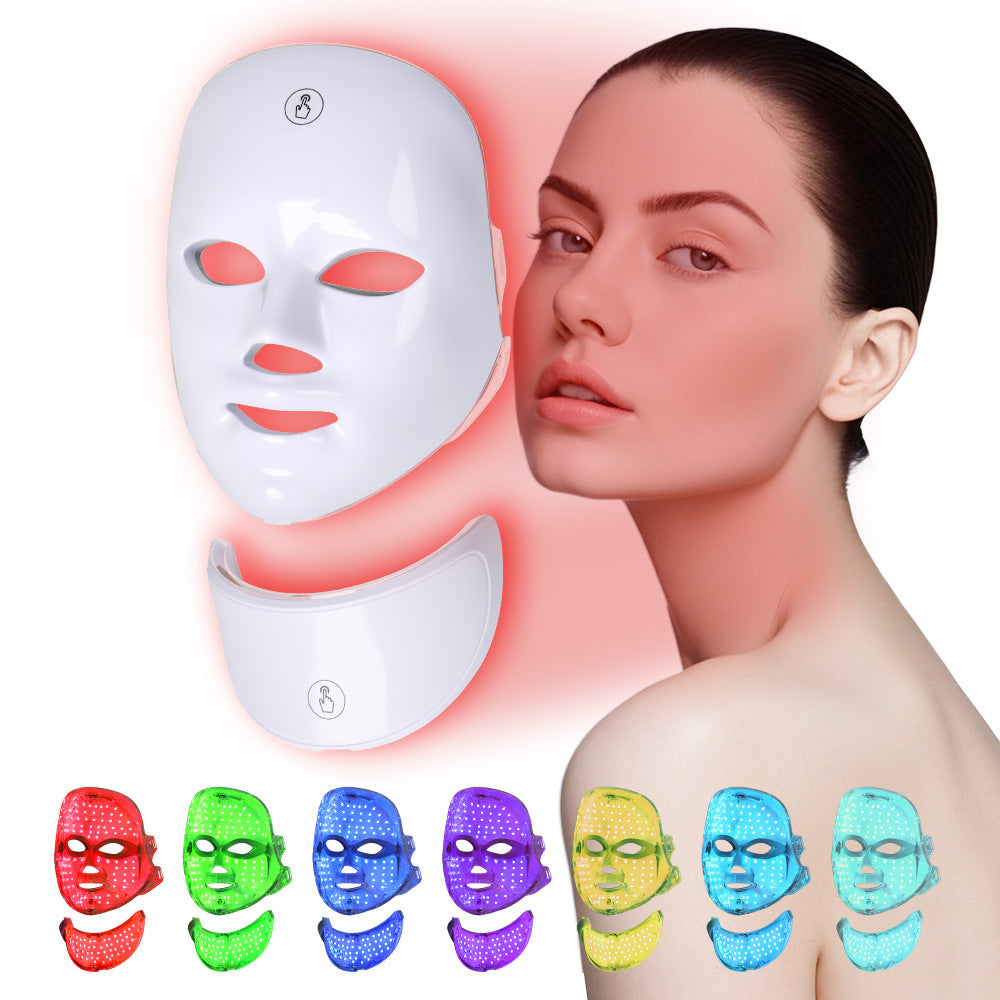 Woman with LED face mask and color options displayed on a white background