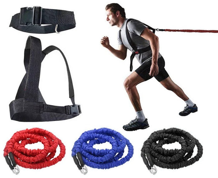 Resistance band set with straps and a person exercising on a white background