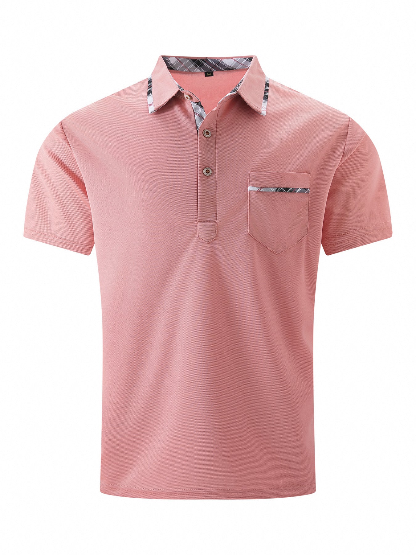 Pink polo shirt with plaid collar and pocket on a white background