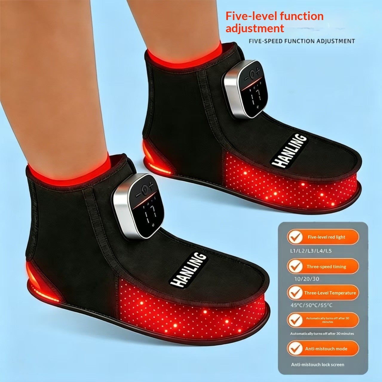 A pair of black heated socks with red illuminated soles and built-in control panels, shown on feet against a light blue background. Text at the top reads 'Five-level function adjustment' and a feature panel appears on the right.