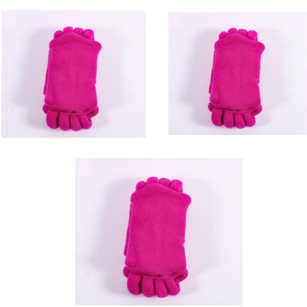 Three views of pink foot-shaped socks on a white background