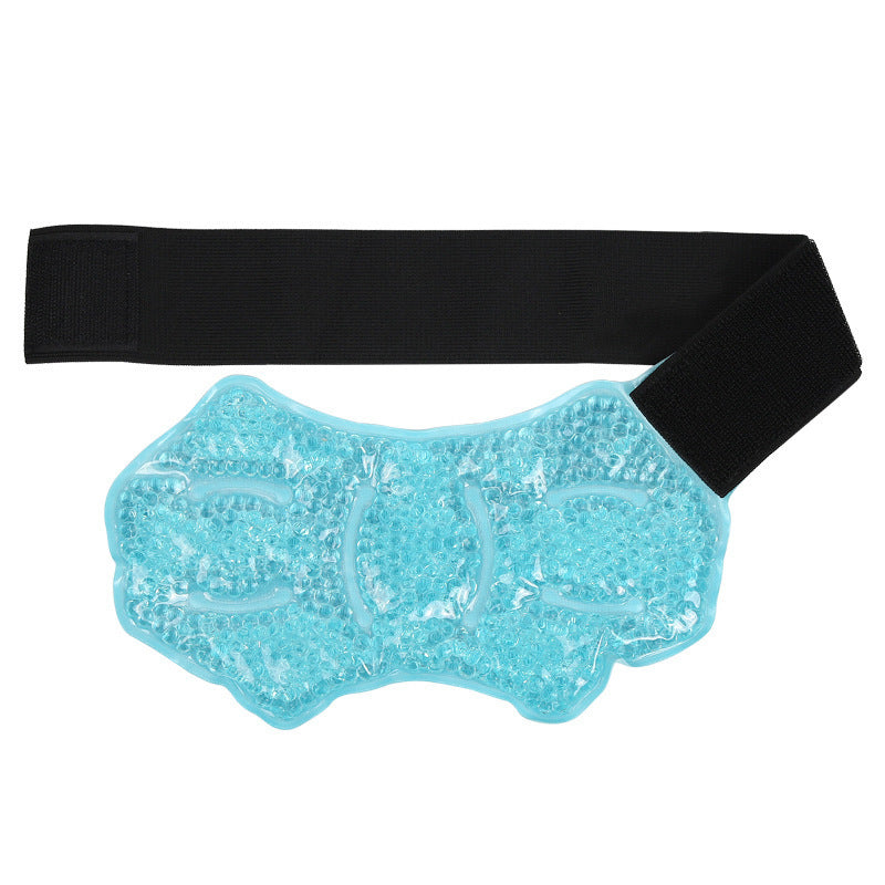 A light blue gel cooling pad with a black elastic strap, shown on a plain white background.