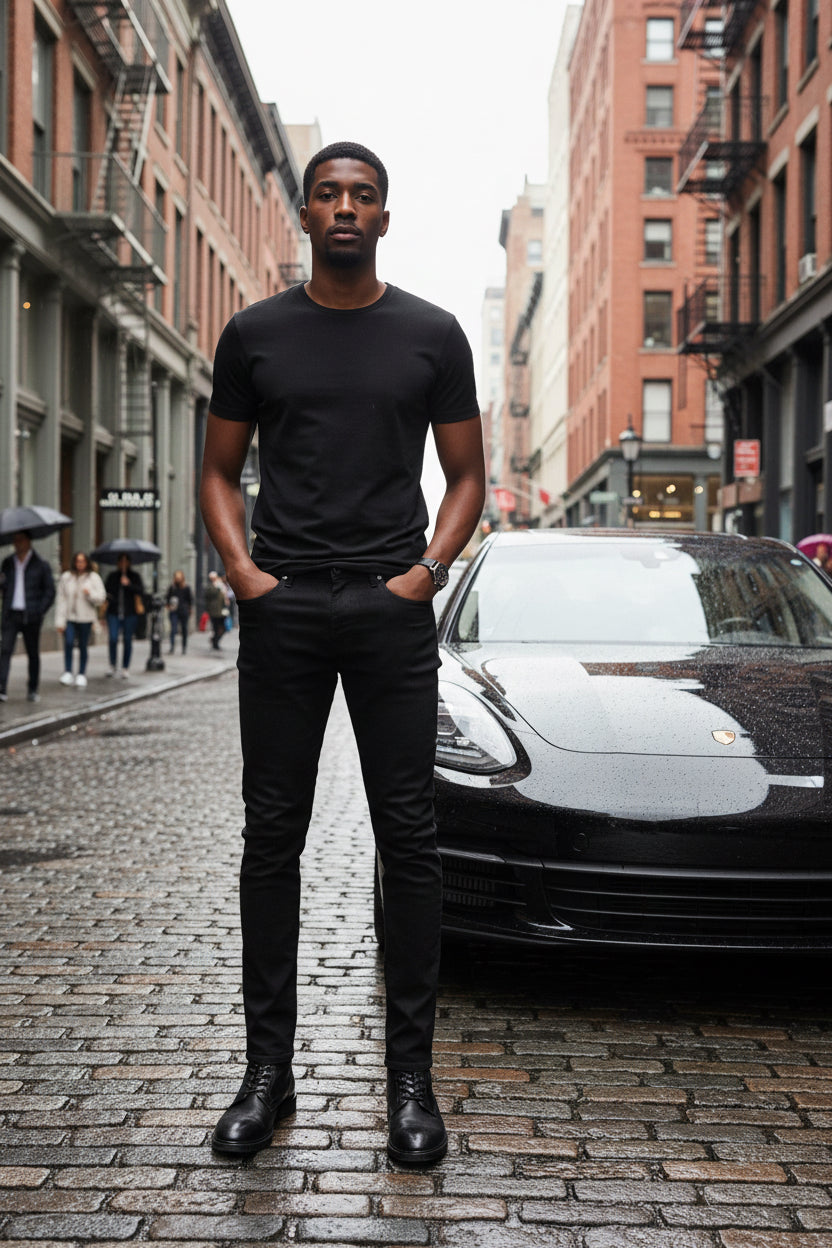 Person wearing black pants and shoes against a dark background