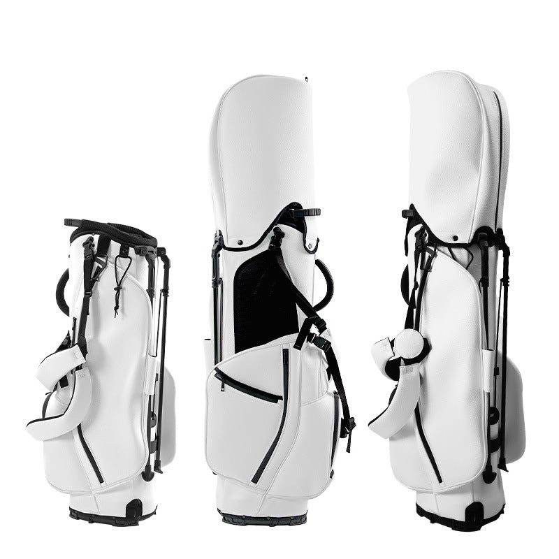 White golf bag with black accents on a white background