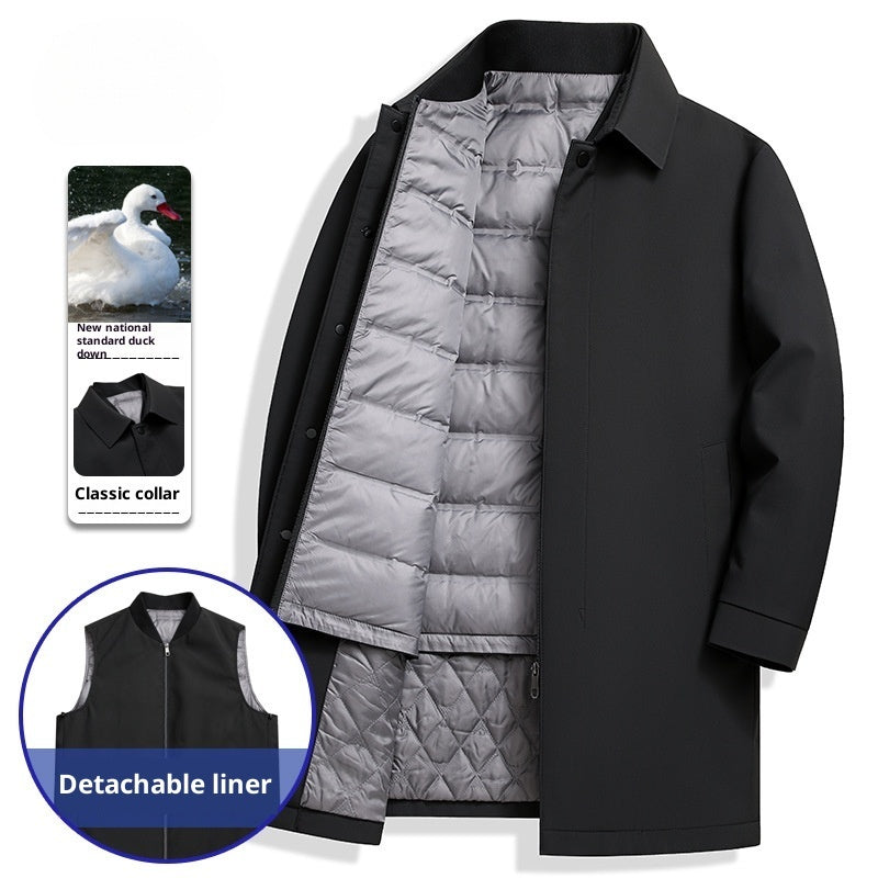Black coat with detachable gray liner, phone case, and vest displayed on a white background.