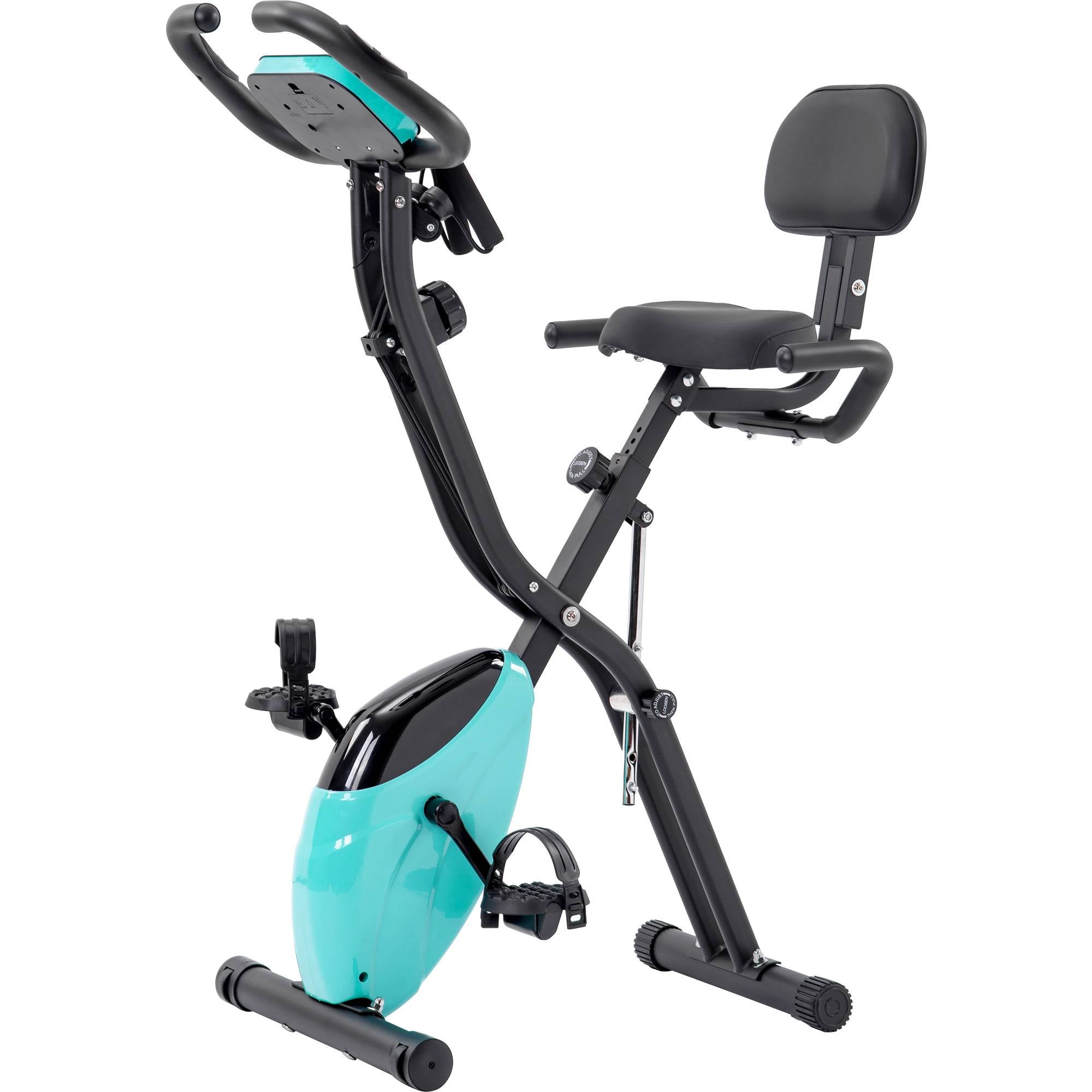 Turquoise and black exercise bike on a white background