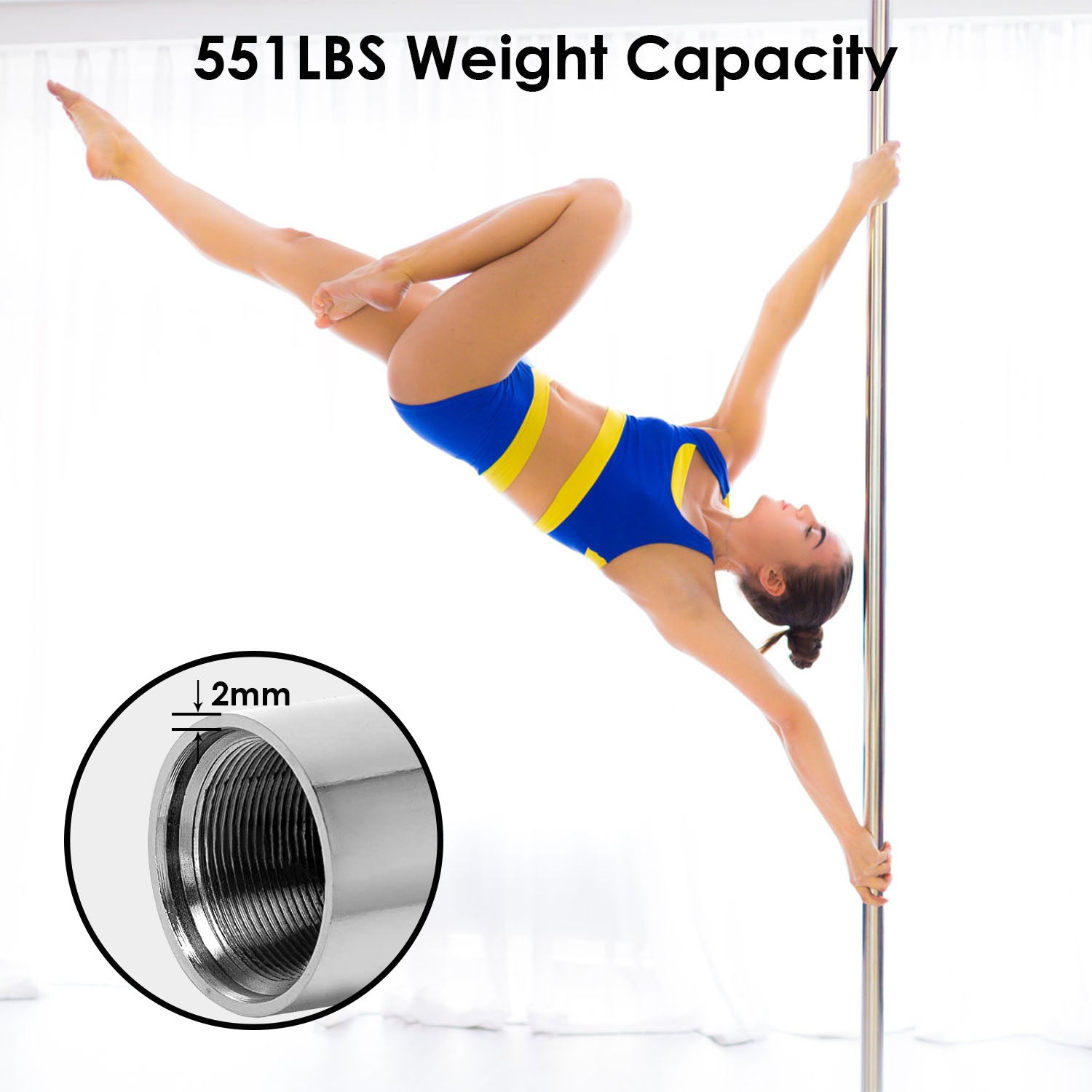 Woman pole dancing with 551LBS weight capacity text and 2mm diameter thread detail.