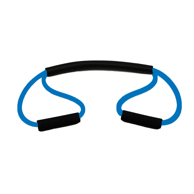 Blue resistance band with black handles on a white background