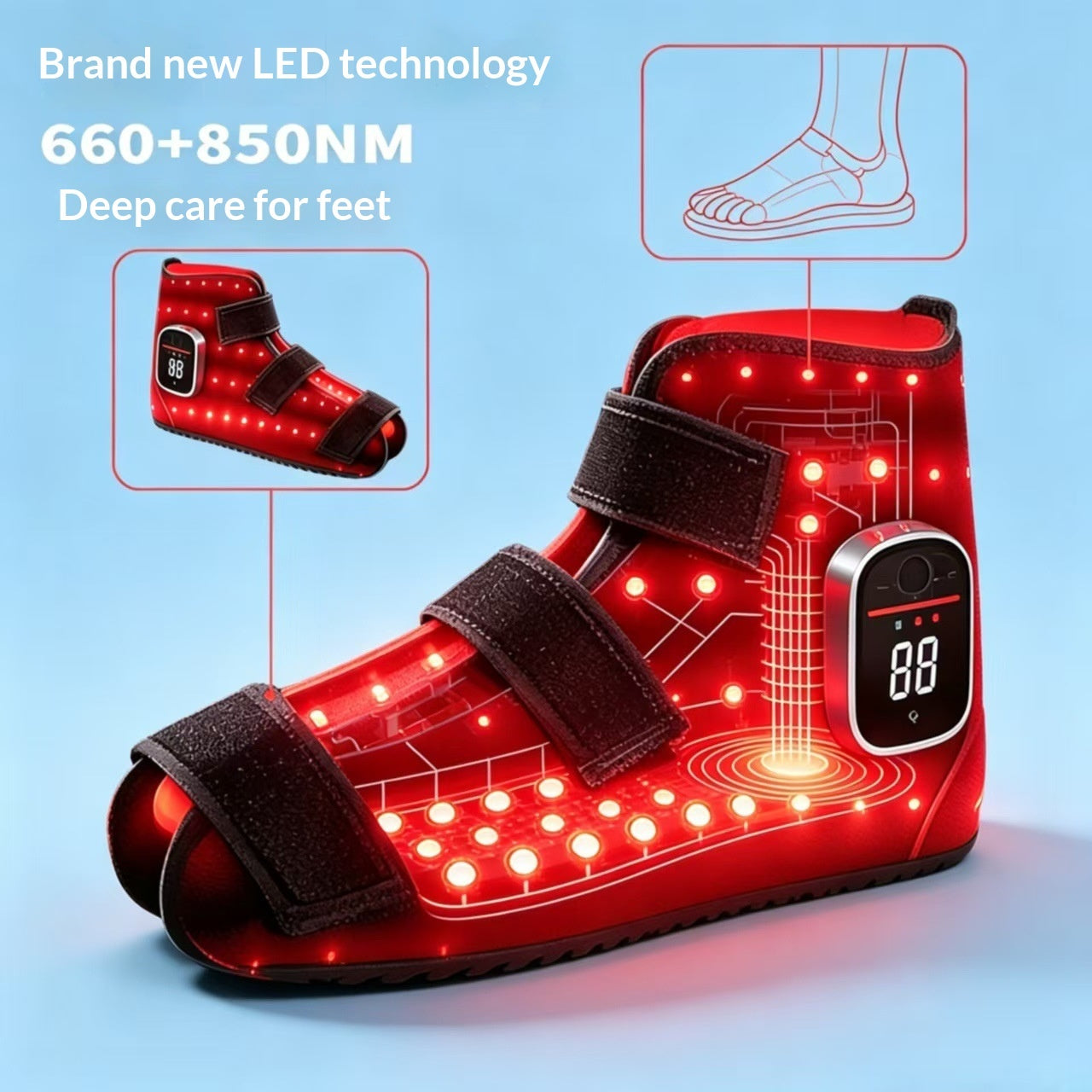 A red LED foot care boot with adjustable straps and a digital display, shown on a light blue background with informational callouts and text about LED technology.