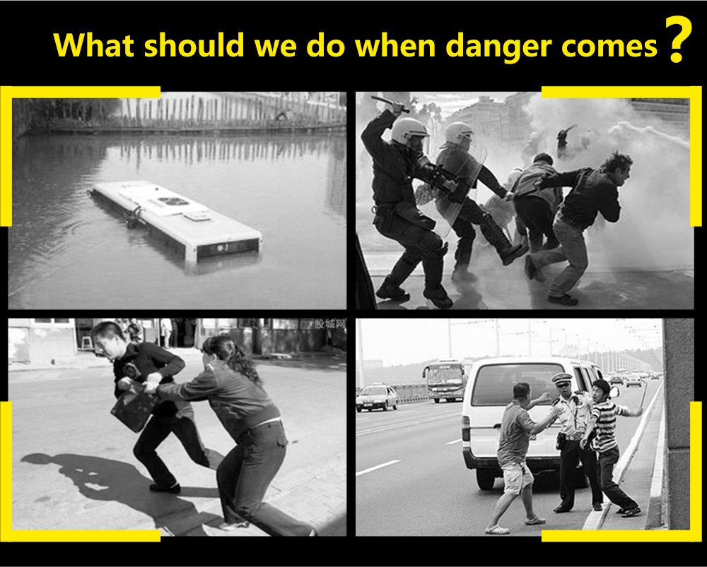 Collage of images showing scenarios of danger and people responding to it, with text asking 'What should we do when danger comes?'.