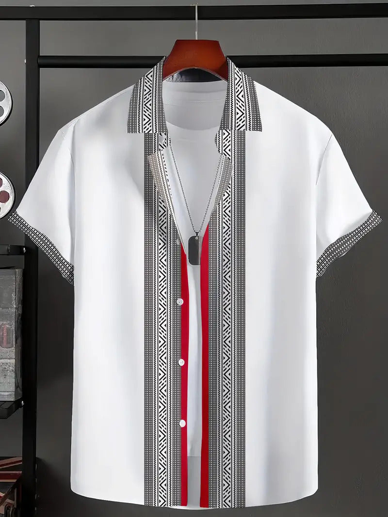 White shirt with black and red pattern on a hanger against a dark background