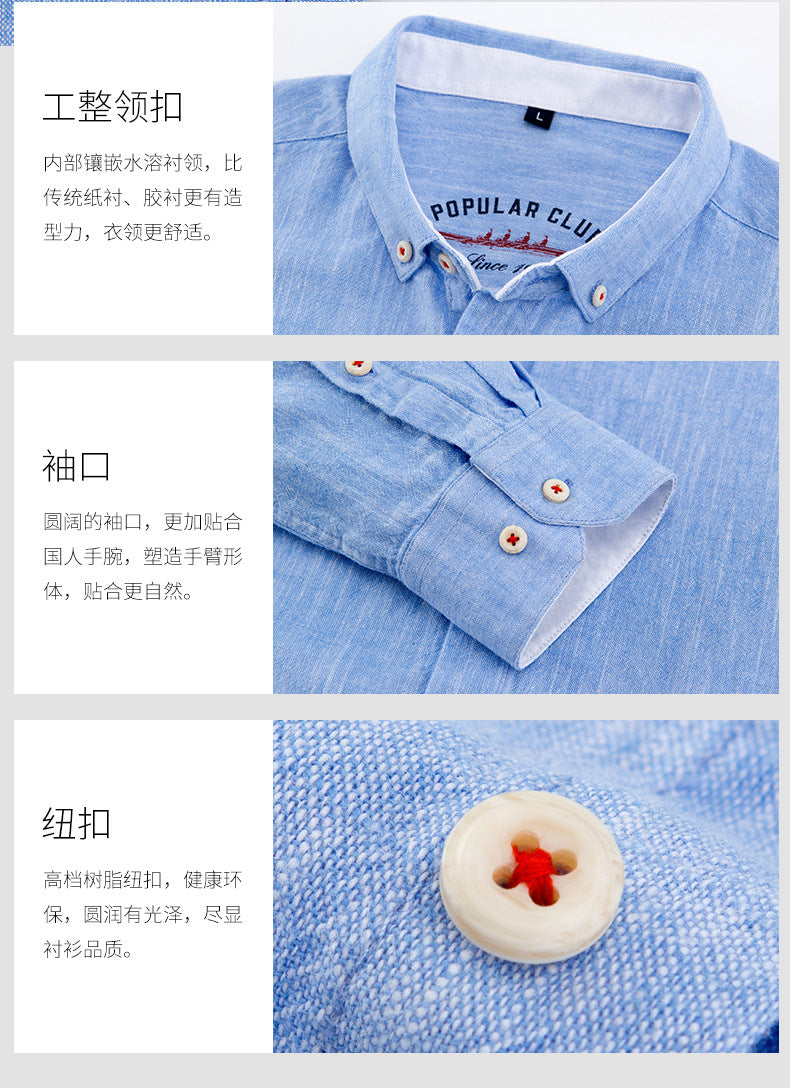 Close-up of a blue shirt with collar, buttons, and sleeve details on a white background.