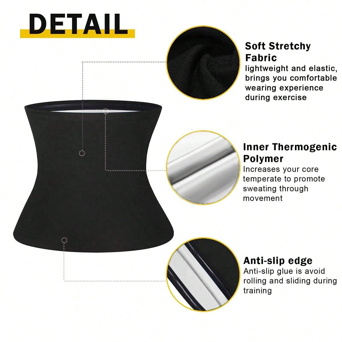Black athletic compression waist wrap with three circular detail callouts showing soft stretchy fabric, inner thermogenic polymer, and anti-slip edge, on a white background with the word DETAIL at top.