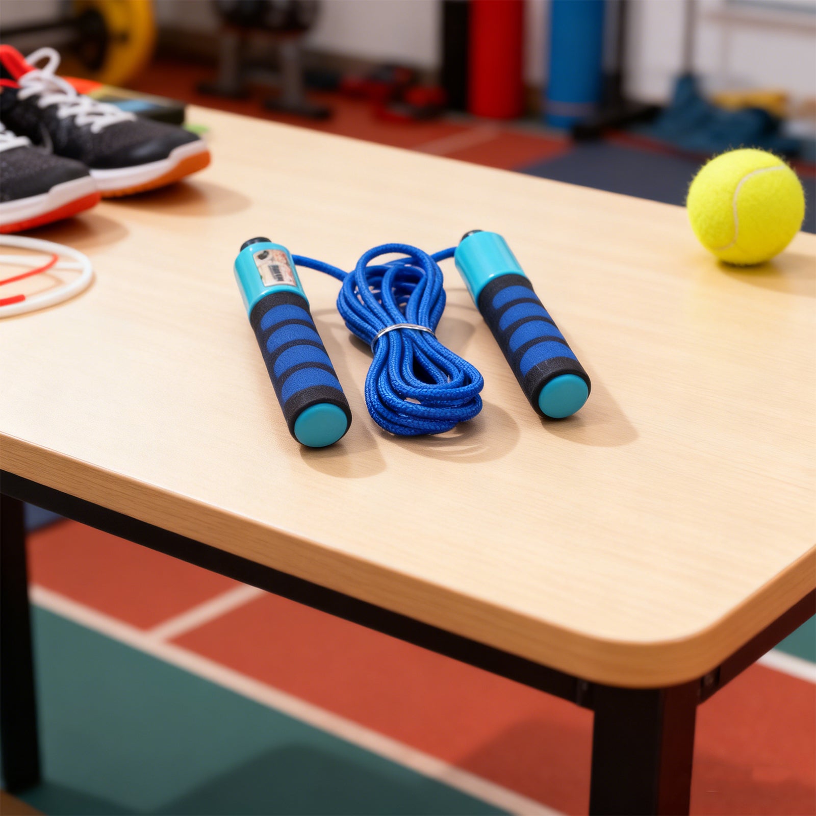Blue jump rope on a wooden table with a tennis ball in a gym setting