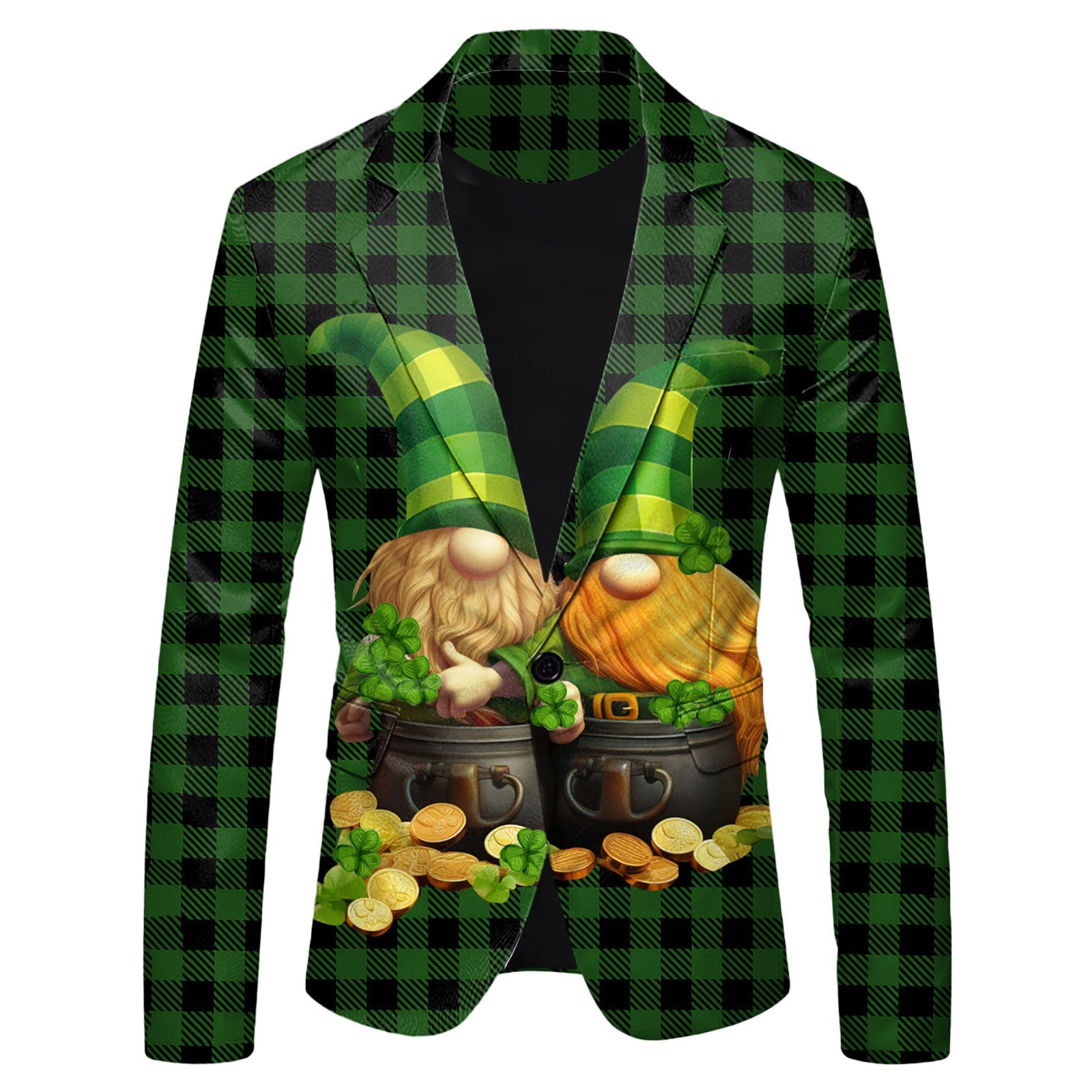 Green plaid blazer with gnome and pot of gold design on a white background