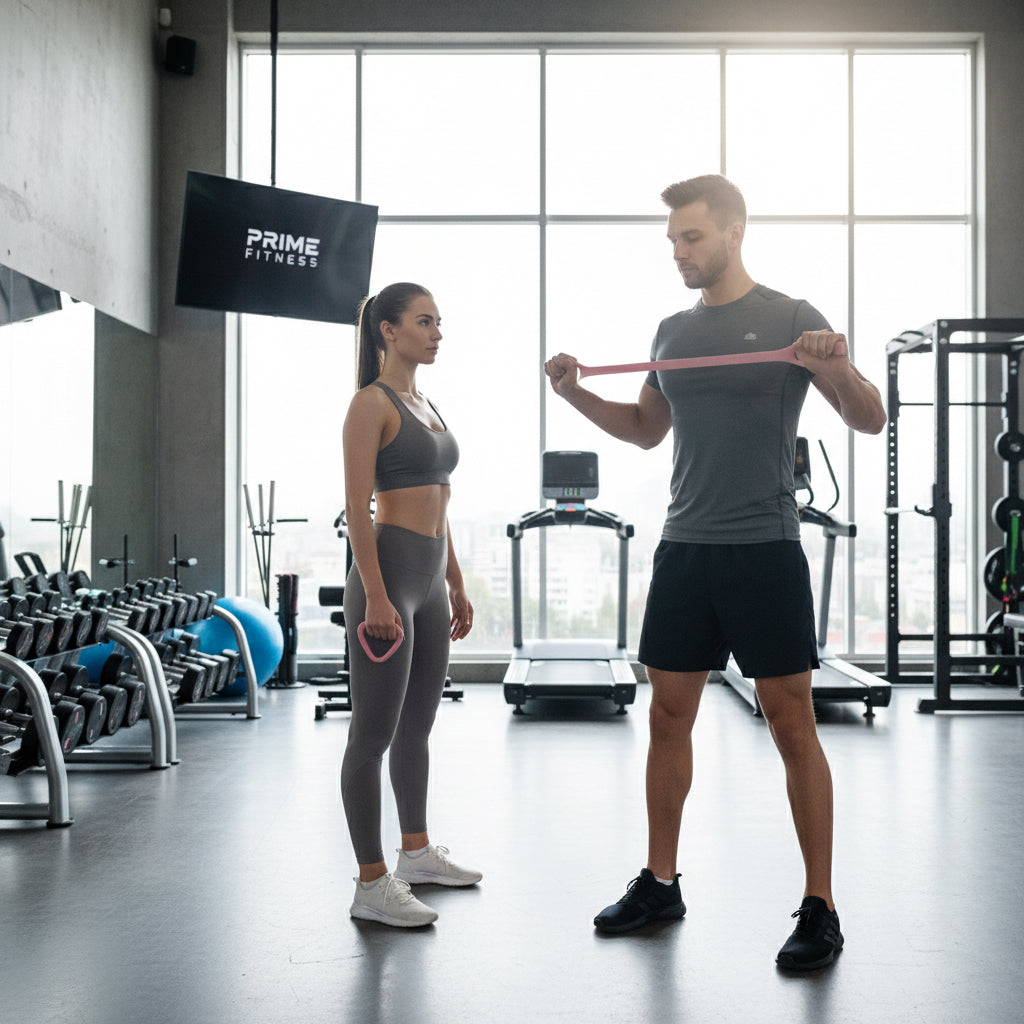 man in gym demonstrates chest expander to female client