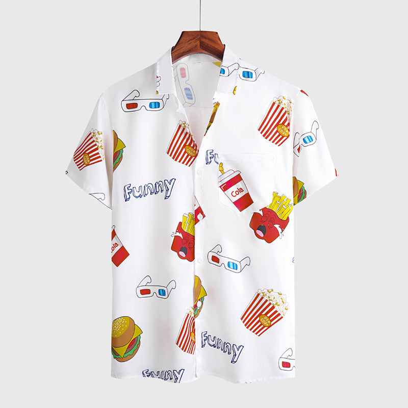 White shirt with colorful fast food-themed patterns on a white background