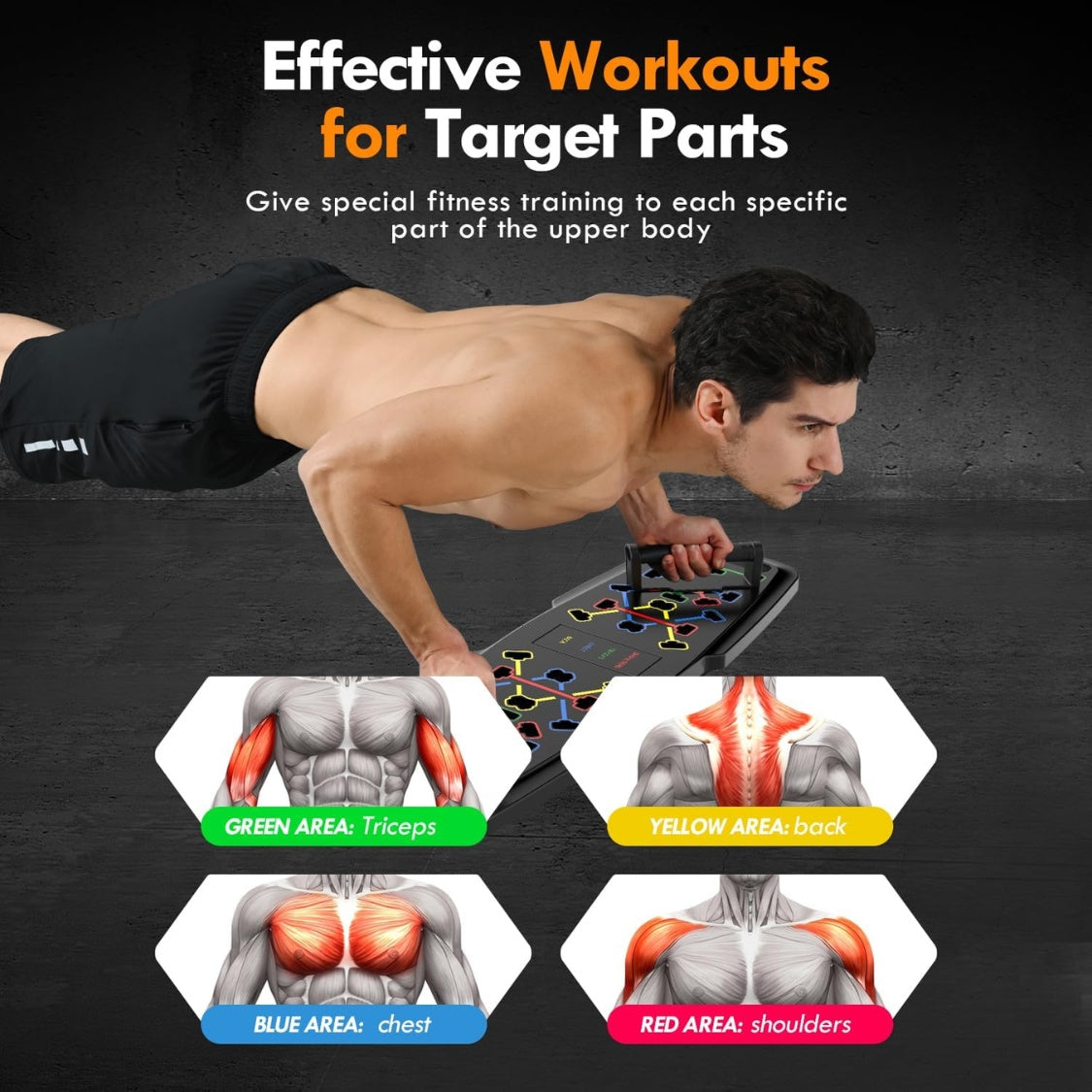 Man performing push-ups on a black surface with fitness training diagrams below.