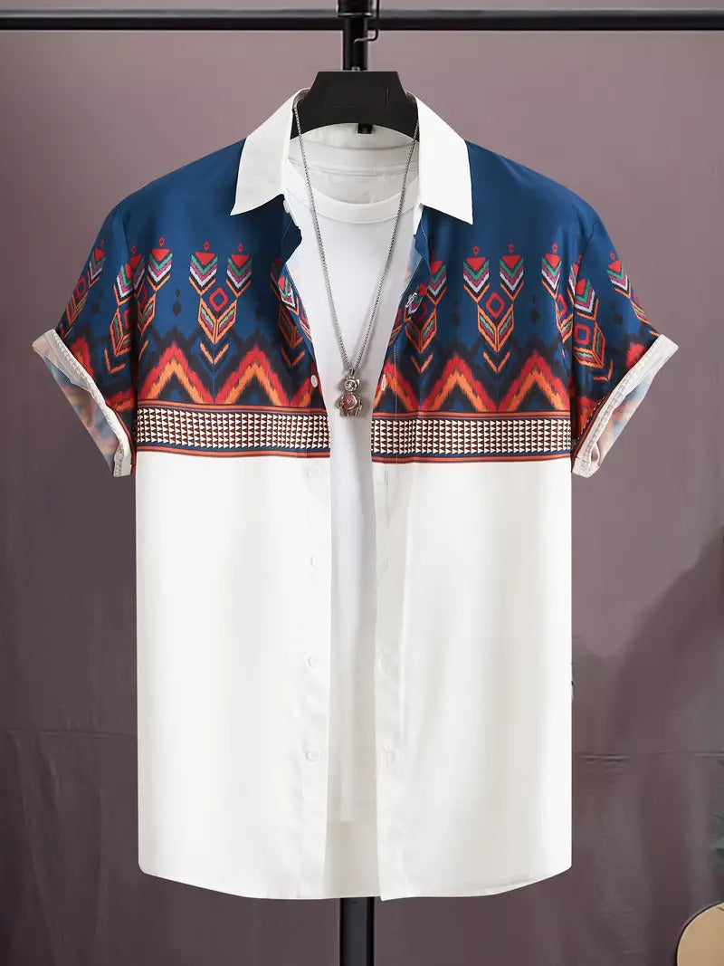 Colorful patterned shirt with a white collar on a hanger against a dark background