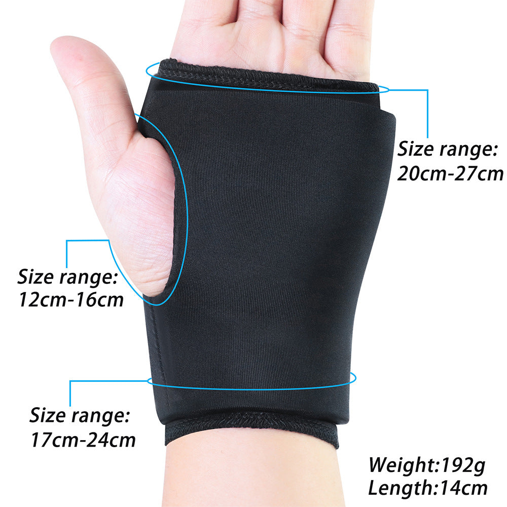 Black wrist support with size and weight information on a white background