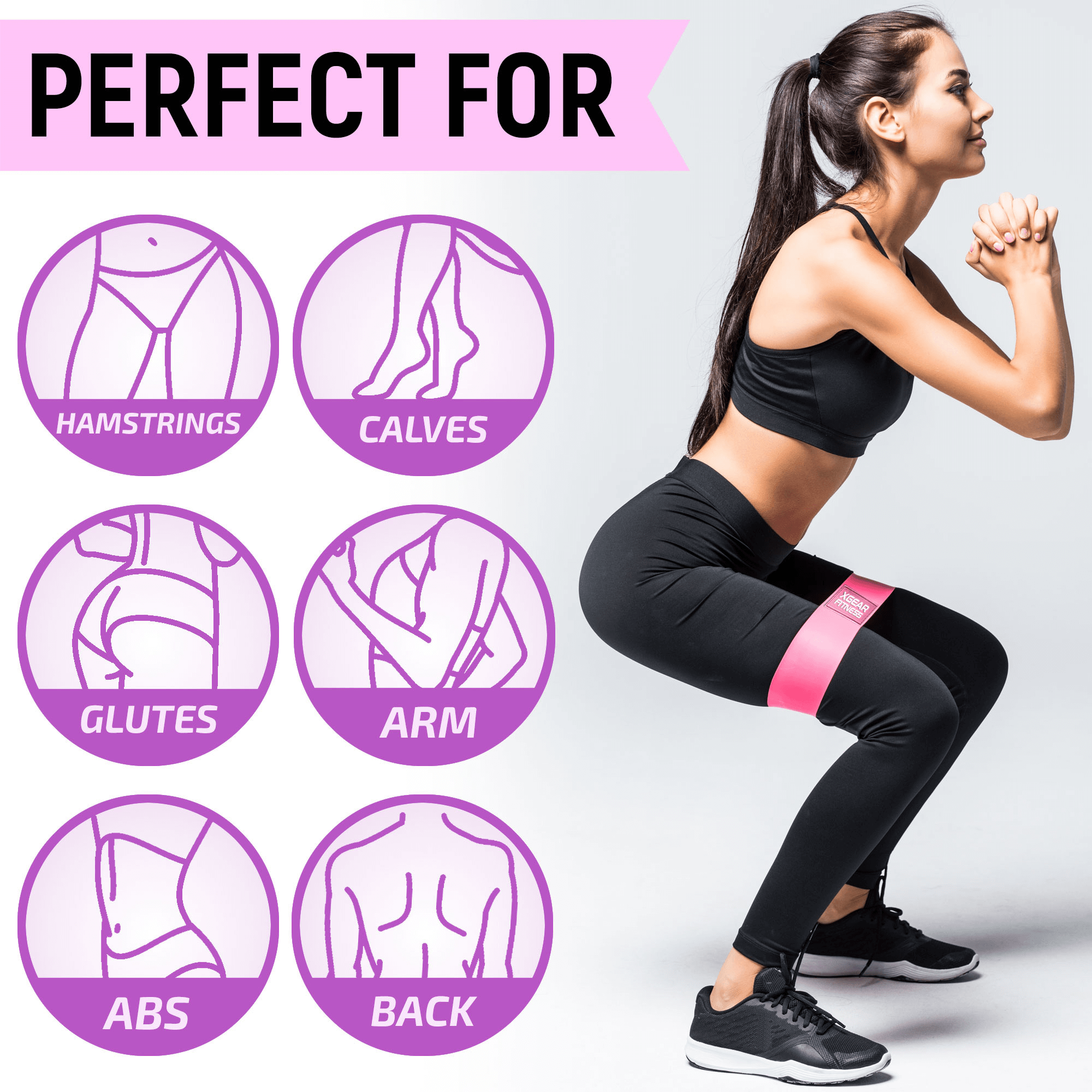 Woman exercising with a fitness band, surrounded by icons indicating muscle groups targeted.