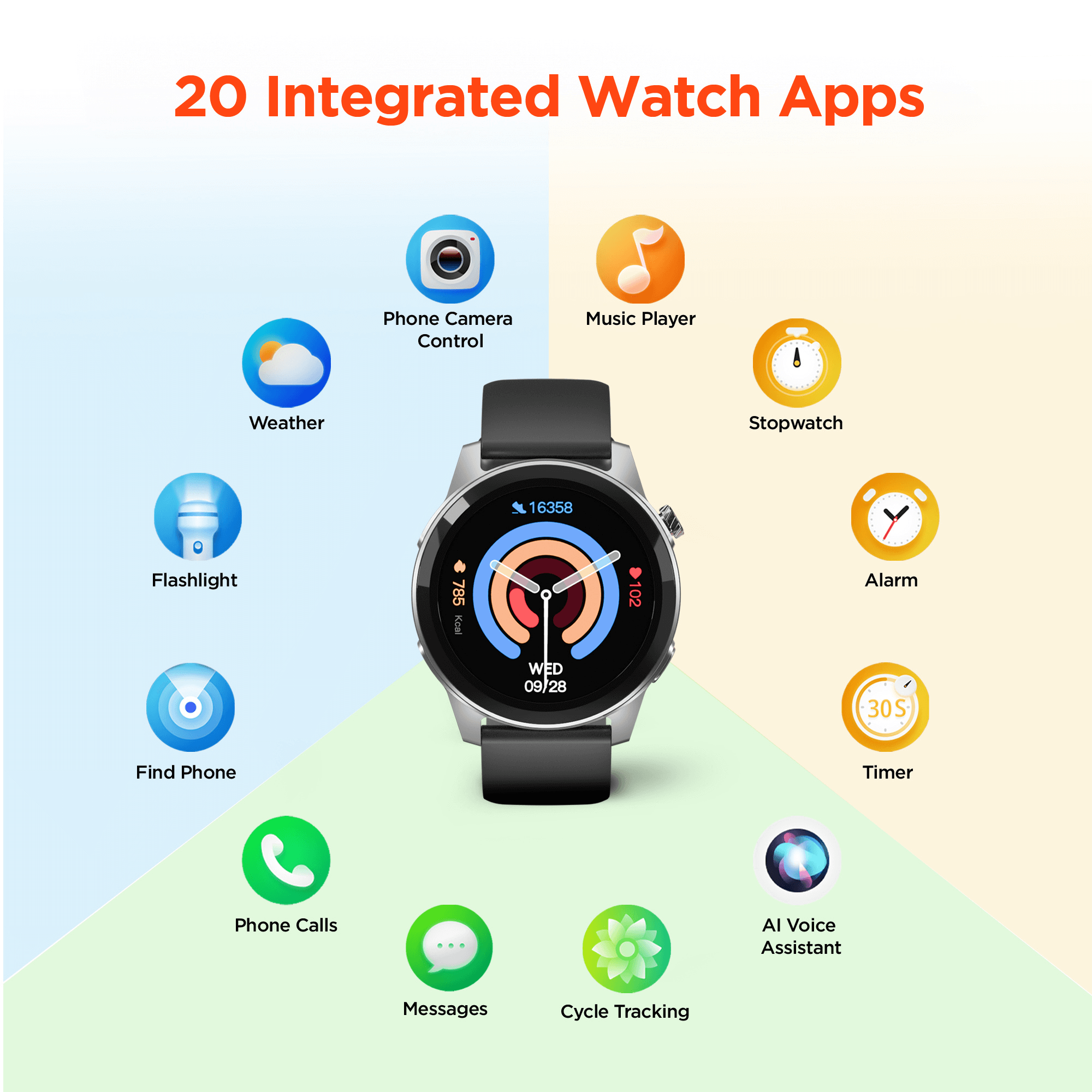 Smartwatch with 20 integrated watch apps displayed on a colorful background