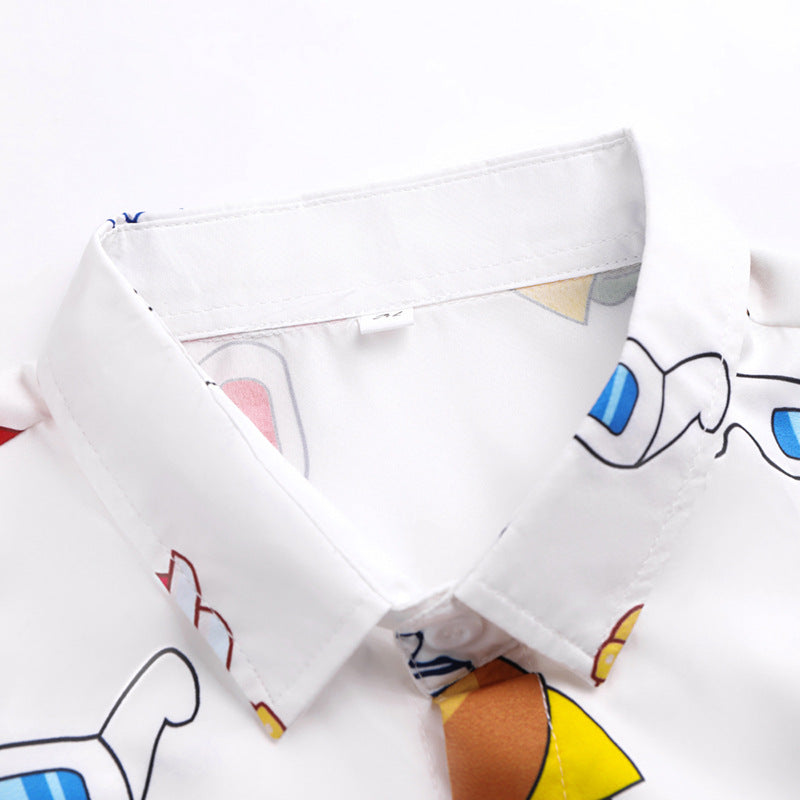 Fabric with cartoon character prints on a white background