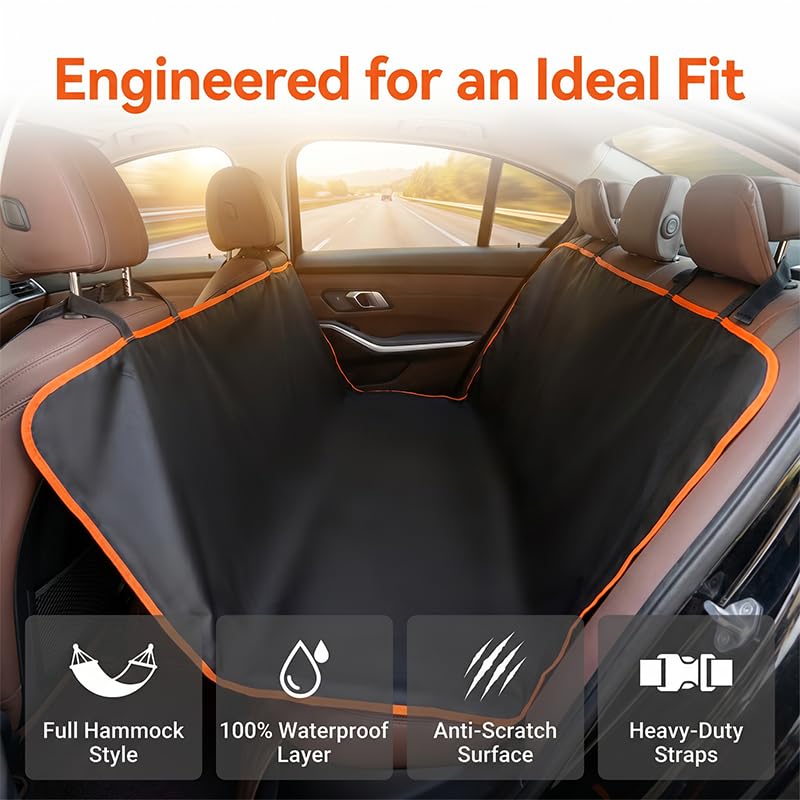A black car cargo hammock with orange trim displayed on the back seat of a vehicle. The image includes the text 'Engineered for an Ideal Fit' at the top and four feature icons at the bottom highlighting 'Full Hammock Style', '100% Waterproof Layer', 'Anti-Scratch Surface', and 'Heavy-Duty Straps'.